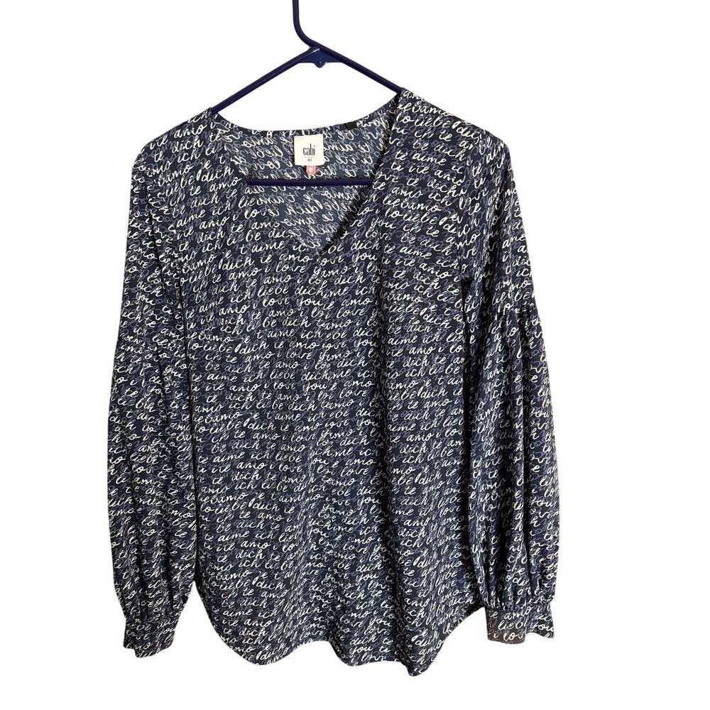 Cabi Love Languages Print Top XS Navy white Ruffle Bell Sleeve Top Casual Career